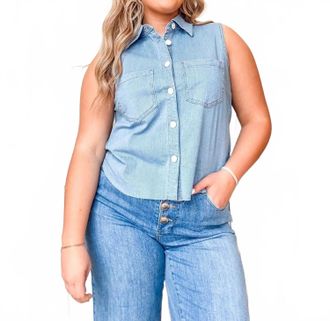 Tribal Crop Sleeveless Denim Button Down Shirt In Baja Blue