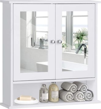 Costway Armadietto Da Bagno Con Specchio, Armadietto Da Parete Con Ripiano Regolabile, Mobile Da Parete Per Bagno, 56 X 12,5 X 58 Cm (bianco) - Costway