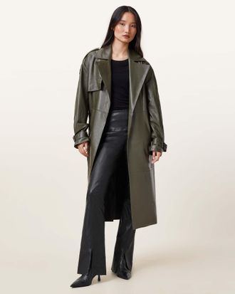 AllSaints Womens Sheep Leather Cora High-Rise Leather Flared Leggings, Size: UK 16/US 12