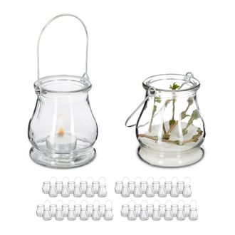 Relaxdays Set De 48 Portavelas Cristal, Asa Para Colgar, Interior Y Exterior, Porta Velas De T&eacute;, 10x8,5cm, Transparentes