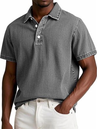 Generic Mokaloha Mens Shirts, Mens Vintage Washed and Distressed Pure Cotton Lapel Short-Sleeved Polo Shirt (Gray,XXL)