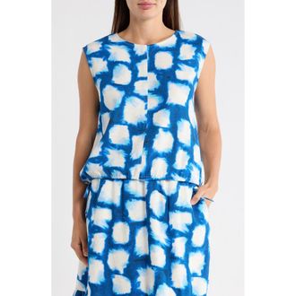 DKNY Sleeveless Drawstring Hem Linen Blend Top in Cobalt/Aqua Multi at Nordstrom Rack, Size X-Large