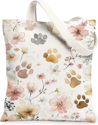 Generic Floral Paw Print Canvas Tote Bags, Flower Animal Pattern Reusable Grocery Bags, Spring Lightweight Washable Canvas for Trav, White, 13x15 Inch