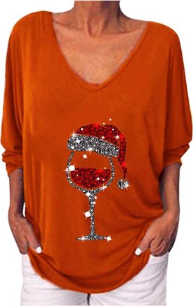 Generic Womens Christmas Sweatshirts Xmas Jumper Tops Red Wine Glass Print Pullover V Neck Long Sleeve Blouse Casuals Party Costumes Winter Ladies Jumper Swea