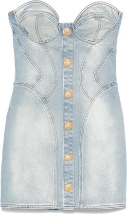 Balmain Heldere Blauwe Denim Sweetheart Jurk - Dames - Korte kleedjes - Blauw - S - Denim - Kleedjes