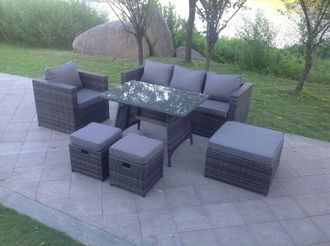 Fimous 7 Seater Grey Lounge Rattan Sofa Set Dining Table Chair Foot Rest Garden Furniture Outdoor in Dark Grey