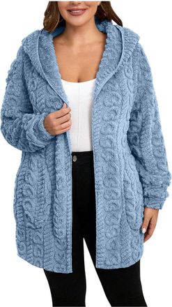 Generic Womens Fluffy Thick Cardigans with Hood Winter Warm Fleece Jackets Longline Outdoor Thermal Long Sleeve Fuzzy Teddy Coats Casual Elegant Sweater Ladie