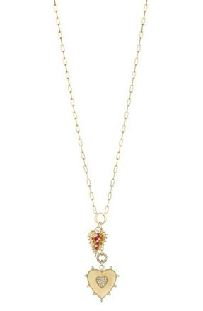 Hueb Penka Heart & Leaf, Diamond & Ruby Pendant Necklace in Yellow Gold at Nordstrom, Size 18