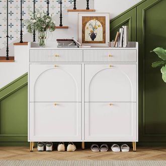 Merax White Double-Row Tilt-Out Shoe Cabinet with 2 Drawers &Gold Metal Legs