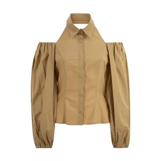 MVP Wardrobe Shirts, female, Beige, Size: S Asymmetric Off-Shoulder Puff Sleeve Top