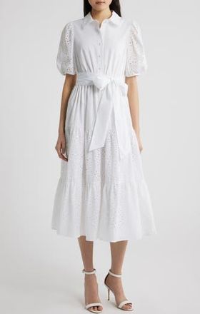Anne Klein Eyelet Tie Waist Puff Sleeve Midi Dress in Crisp White at Nordstrom Rack, Size 14