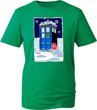 Generic Santa Stop Here Time Machine T-Shirt, Funny British Science Fiction Inspired Xmas 2025 Shirt for Geeks and Whovians (Kelly Green, M Years)