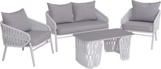 Hhg [nunca Usado] Conjunto De Jard&iacute;n Hhg-224, Conjunto De Sal&oacute;n Sof&aacute; De Jard&iacute;n, Sill&oacute;n, Mesa, Tejido De Cuerda/textil (180 G/m&sup2;), Gris Claro