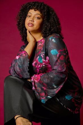 Roman Floral Mesh Print Top