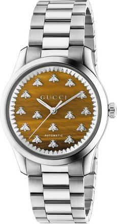 Gucci Stalen kast- bruine tijgeroog steen wijzerplaat met bijen- stalen armband - Dames - Horloges - Grijs - ONE Size - Accessoires