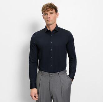 Olymp Langarmhemd OLYMP Level Five 24/Seven, Herren, Gr. 40, N-Gr, blau (marine), Jersey, Obermaterial: 86% Polyamid, 14% Elasthan, k&ouml;rpernah, 2-Knopf-Mansc