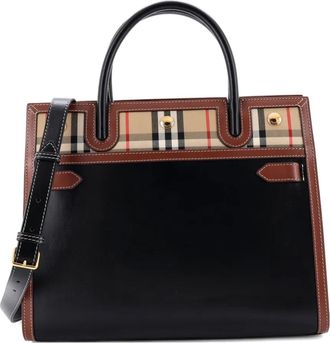 Burberry Borsa tote con manico in pelle e tela con motivo Vintage Check - Nero