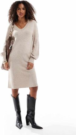 Only v-neck knit midi dress in beige-Neutral