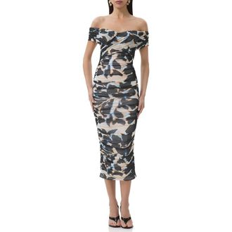 AFRM Belmont Off the Shoulder Ruched Mesh Midi Dress in Shadow Floral at Nordstrom Rack, Size Small