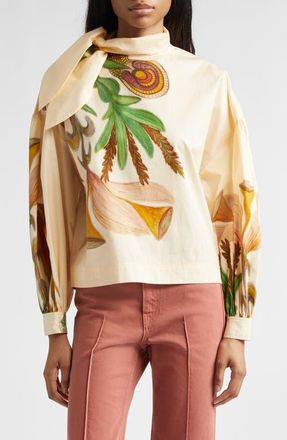 Ulla Johnson Long Sleeve Tie Neck Blouse in Inner Nature at Nordstrom, Size 00