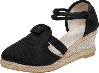 Generic Women Slope Heel Linen Sandals Fashion Thick Platform Beach Summer Outdoor Walking Comfort Footwear (Black, 6.5)