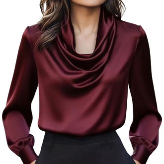 Generic Womens Satin Shirt Elegant Cowl Neck Long Sleeve Slik Like Shirts Ladies Business Casual Office Work Tops A01 (Z07-Wine, M)