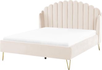 Beliani Cama Con Somier De Terciopelo Beige Claro Dorado 140 X 200 Cm Cabecero Ambillou