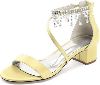 Generic Bridal Wedding Shoes Womens Chunky Heels Sandals Low Heel Satin Bridal Shoes for/Engagement/Evening/Prom 4.5Cm,Yellow,10 UK