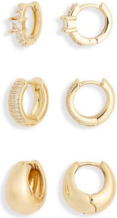 Nordstrom Rack 3-Pack Mixed CZ Huggie Hoop Earrings in Clear- Gold at Nordstrom Rack