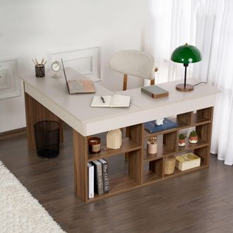 Dmora Escritorio Altin, Esquinero, 6 Estantes, 8 Compartimentos, 130x120x72h Cm Blanco Crema