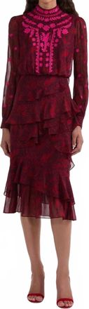 Saloni Isa Ruffle Dress In Astilbe Burgundy Embroidery