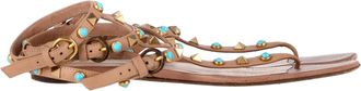 Valentino Pre-owned Womens Garavani Rockstud Strappy Thong Flat Sandals in Beige Leather - Size EU 38