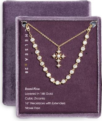 Chelsea28 Demi Fine Frontal Stone Necklace & Faux Pearl Cross Pendant Necklace in White- Clear- Gold at Nordstrom