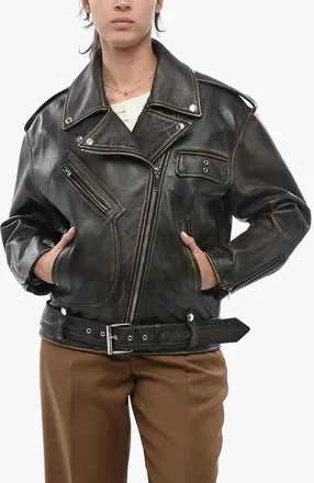 Alexander McQueen Oversized Vintage-Effect Leather Biker Jacket Alexander McQueen