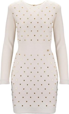 Elisabetta Franchi Crew-Neck Lange Mouw Jurk - Dames - Korte kleedjes - Beige - XL - Kleedjes