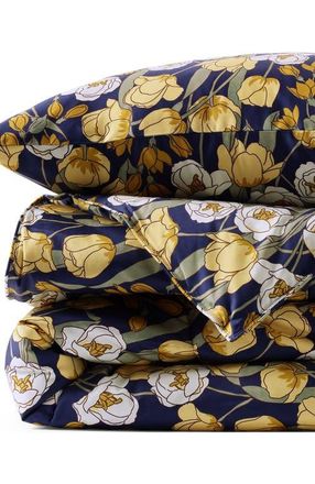 Lands End 400 Thread Count Premium Supima Cotton No Iron Sateen Comforter in Deep Sea Navy Poetic Floral at Nordstrom, Size Twin