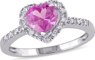 Amour 1/10 CT TW Diamond and Created Pink Sapphire Heart Halo Ring In Sterling Silver