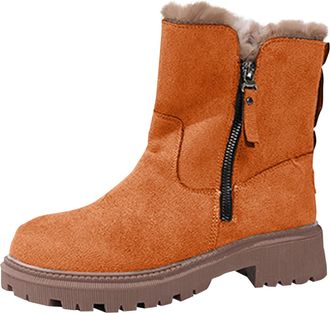 Generic Womens Ankle Boots Plush Lining Snow Boot Suede Mid Calf Boots Platform Sole Walking Boot Ladies Furry Booties with Side Zipper Round Toe Shoes Winter