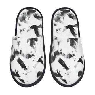 Generic Monochrome Flying Crows Women Men Slippers Soft House Slippers Slip On Sliders For Indoor Outdoor Bedroom M