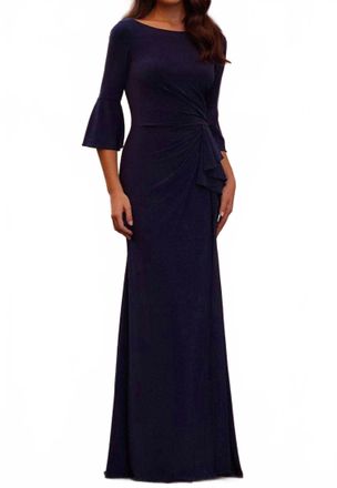 La Femme High Neck Evening Gown In Navy