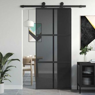 vidaXL Puerta Corredera Vidrio Templado Y Aluminio Negra 90x205 Cm Vidaxl