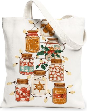 Generic Christmas Jars Canvas Tote Bags, Holiday Storage Pattern Reusable Grocery Bags, Winter Lightweight Washable Shoulder Strap, White, 13x15 Inch