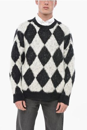 Celine Fuzzy Crewneck Sweater with Argyle Pattern size M