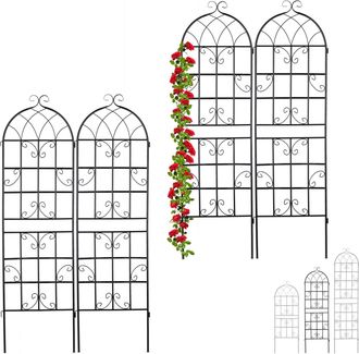 Relaxdays Set De 4 Soportes Plantas Met&aacute;licos, Con Estacas, Enrejado Para Trepadoras, 180 X 50 Cm, Jard&iacute;n, Negro