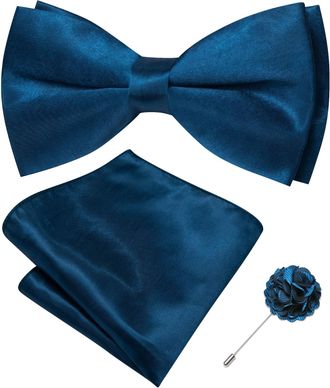 Barry.Wang Bow Tie for Men Solid Color Pre-tied Bowtie Pocket Square Lapel Pin Set Adjustable Formal Tuxedo Bowtie Party, Dark Teal, One size