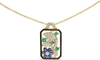 House of Brilliance 18K Yellow Gold 2 1/3 Cttw Diamond, Sapphire, and Emerald Dog Tag with Dolphin Silhouette Convertible Pendant