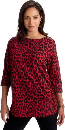 Jessica London Stretch Cotton Boatneck Tunic in Red Classic Cheetah at Nordstrom, Size 44