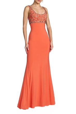 Mac Duggal Sleeveless Scoop Neck Embellished Jersey Gown in Coral at Nordstrom, Size 10