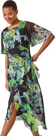 Roman Womens Botanical Floral Frill Dress - Green - Size 12 UK