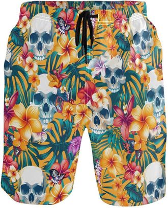 Alaza Beach Shorts for Men, Tropical Flowers and Skulls Mens Swim Trunks Hawaiian Board Shorts Quick Dry with Pockets for Summer Vacation Surfing Beachwear 